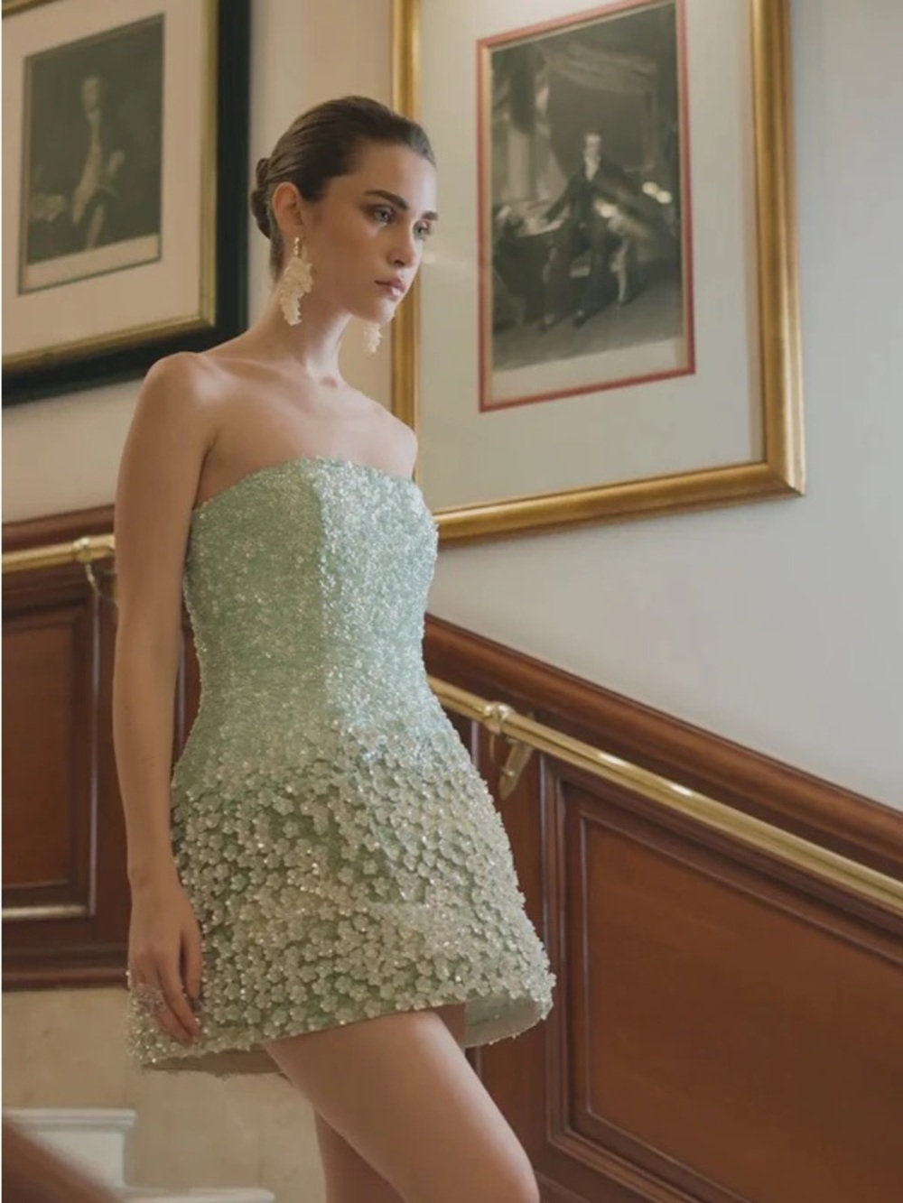 Strapless Aqua Floral Appliqué Mini Dress - Picture 7 of 14